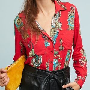 Maeve for Anthropologie red whimsy button up blse
